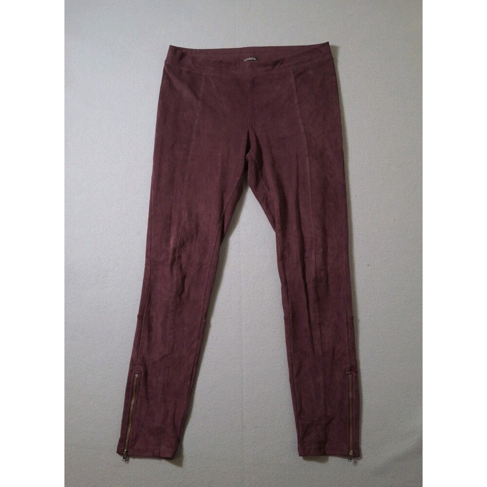 Express Faux Suede Leggings Women Medium Burgundy Skinny Ankle Zip Stretch Pants